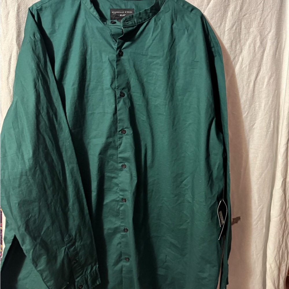 Green Casual Button Down Shirt with Mandarin Collar